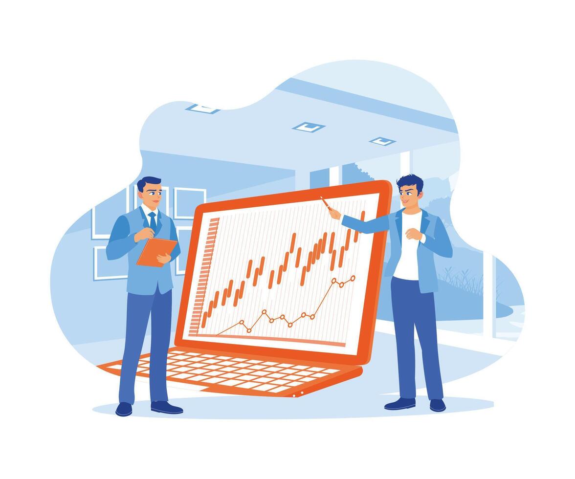 Business people and brokers have meetings in the office. Analyzing stock market charts using a laptop. Growth Analysis concept.trend flat vector modern illustration