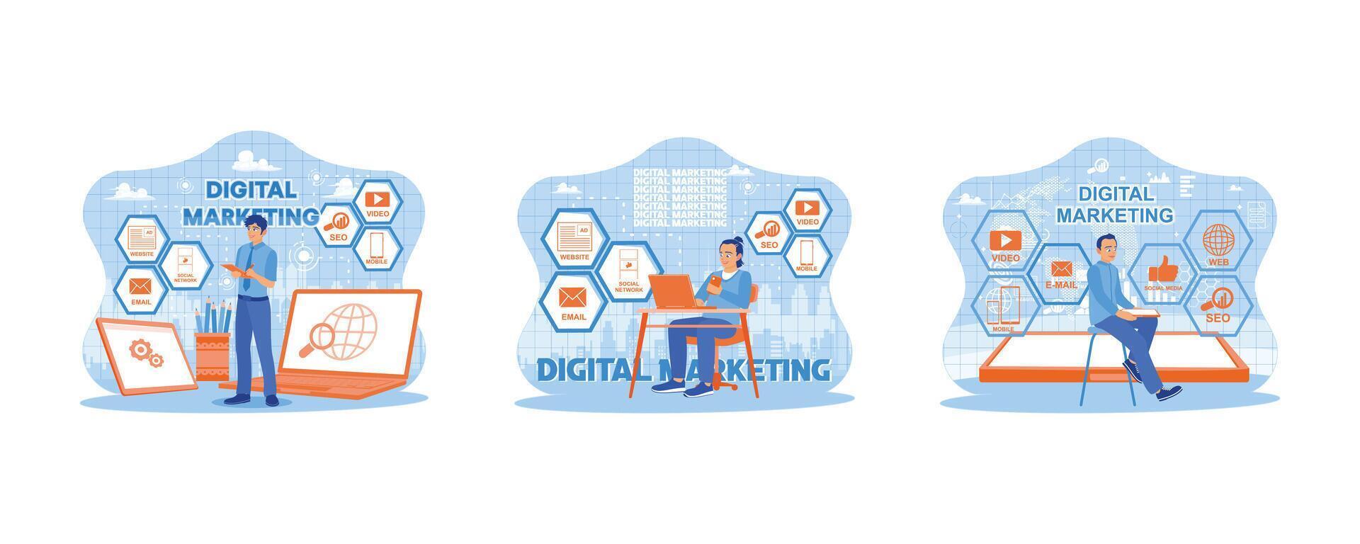 Digital Marketing, internet marketing. Young man sitting in front of laptop holding a mobile phone. businessman is sitting on a chair holding a tablet. set flat vector modern illustration