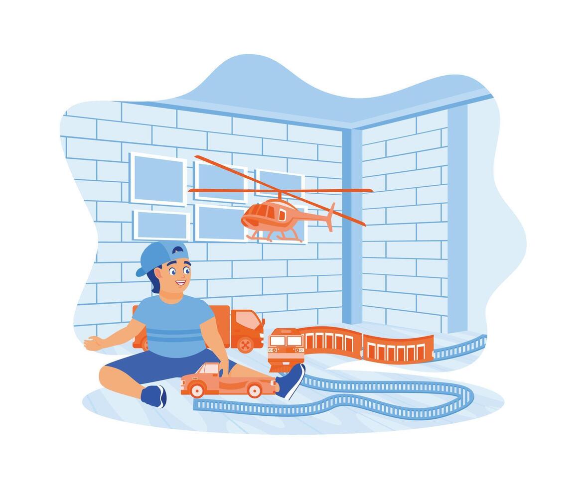 Boy makes a railroad track on the floor. The little boy is playing with toy transportation tools inside the house. Childrens concept. Flat vector illustration.
