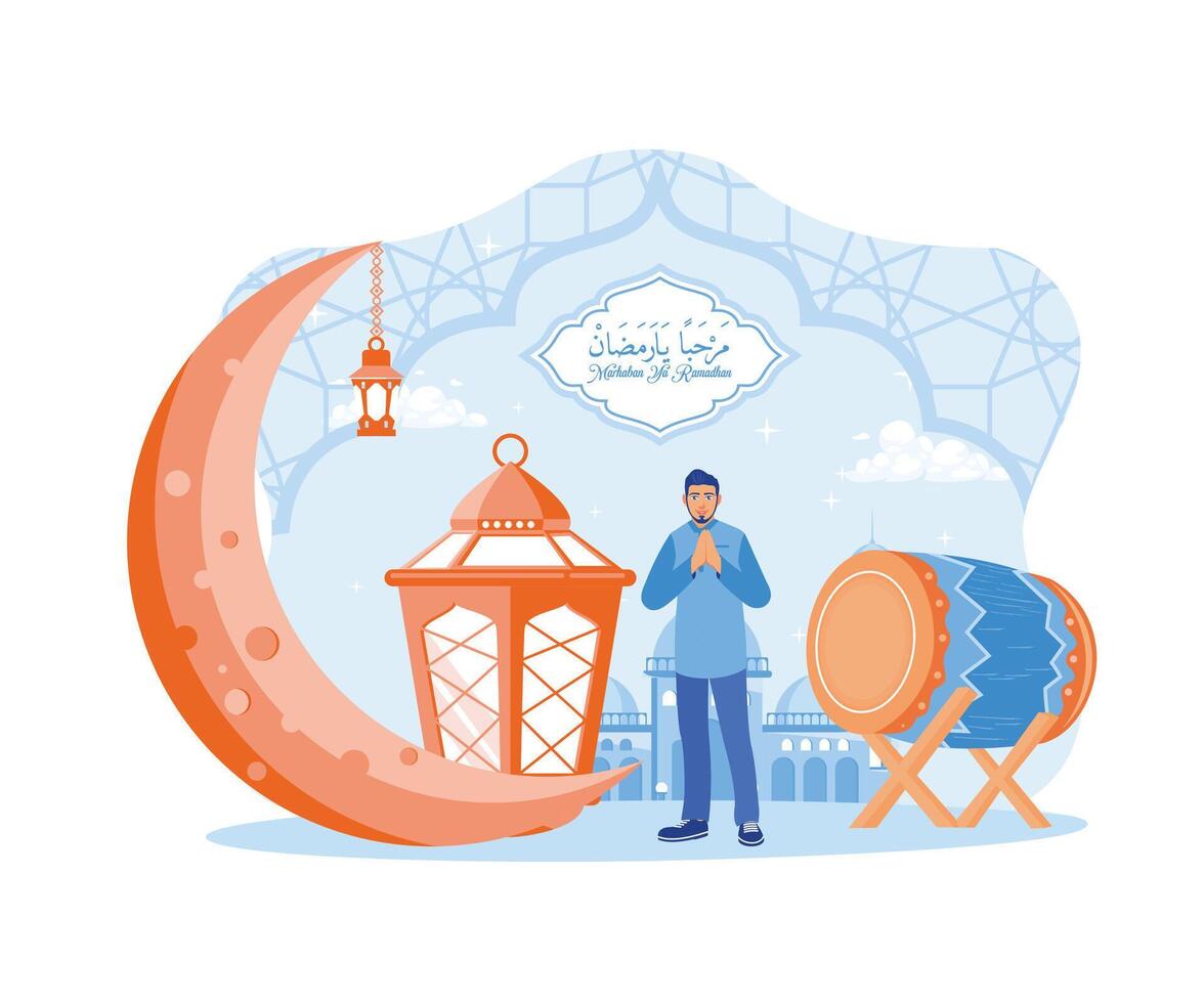 musulmán hombres en pie con ambos manos en frente de su cofres deseando ellos un contento Ramadán decorado con linternas, creciente lunas y batería. contento eid Mubarak concepto. plano vector moderno ilustración