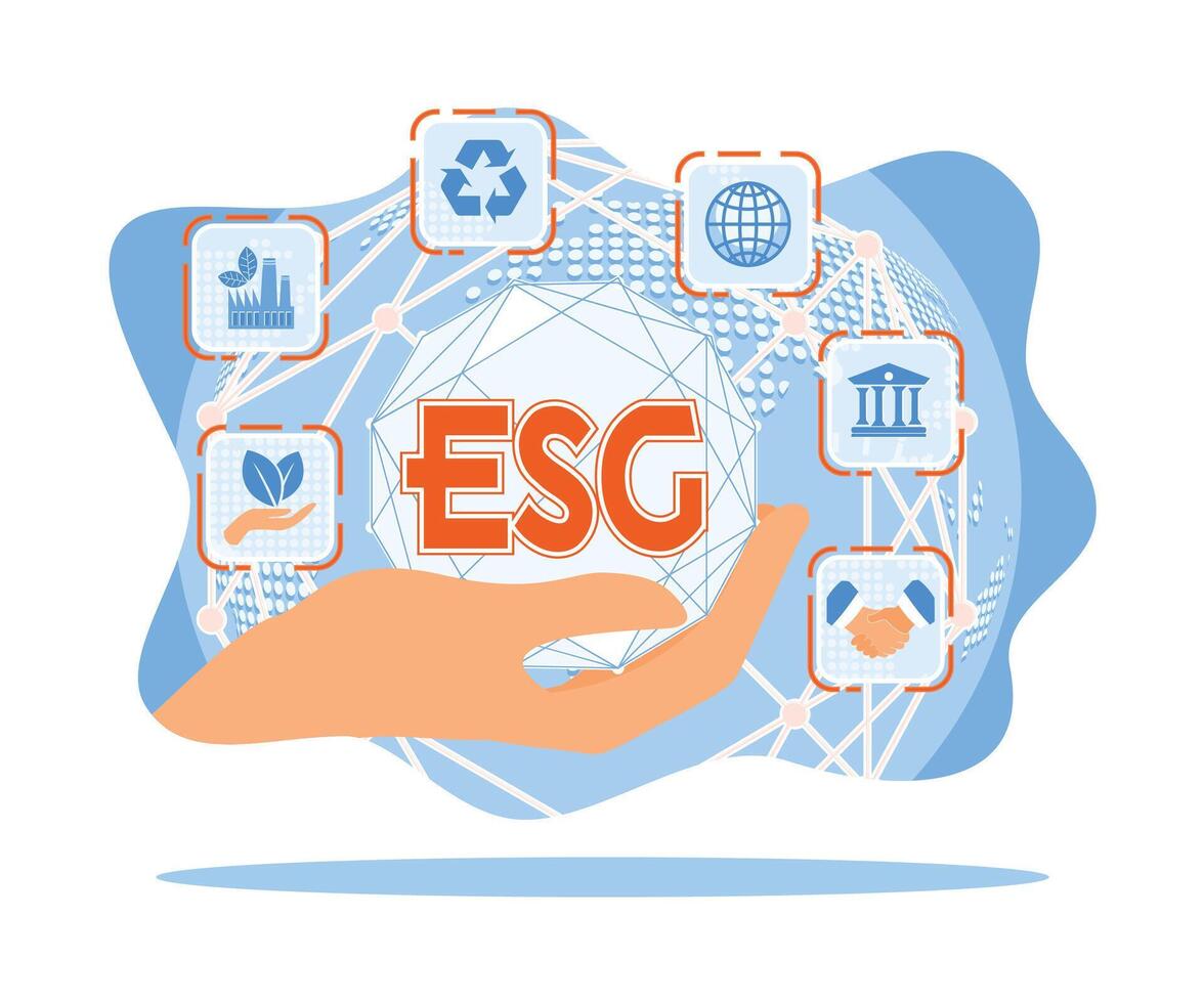 ESG icon in hand. The concept of environmental, social and sustainable business governance. The concept of ESG icon. Flat vector illustration.