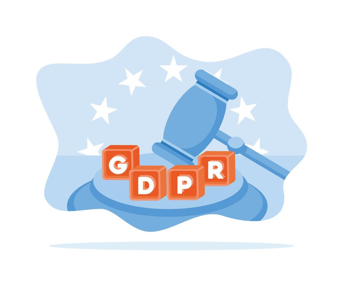 martillo de justicia con el gdpr símbolo en el martillo base. general reglas para datos proteccion gdpr concepto. plano vector moderno ilustración