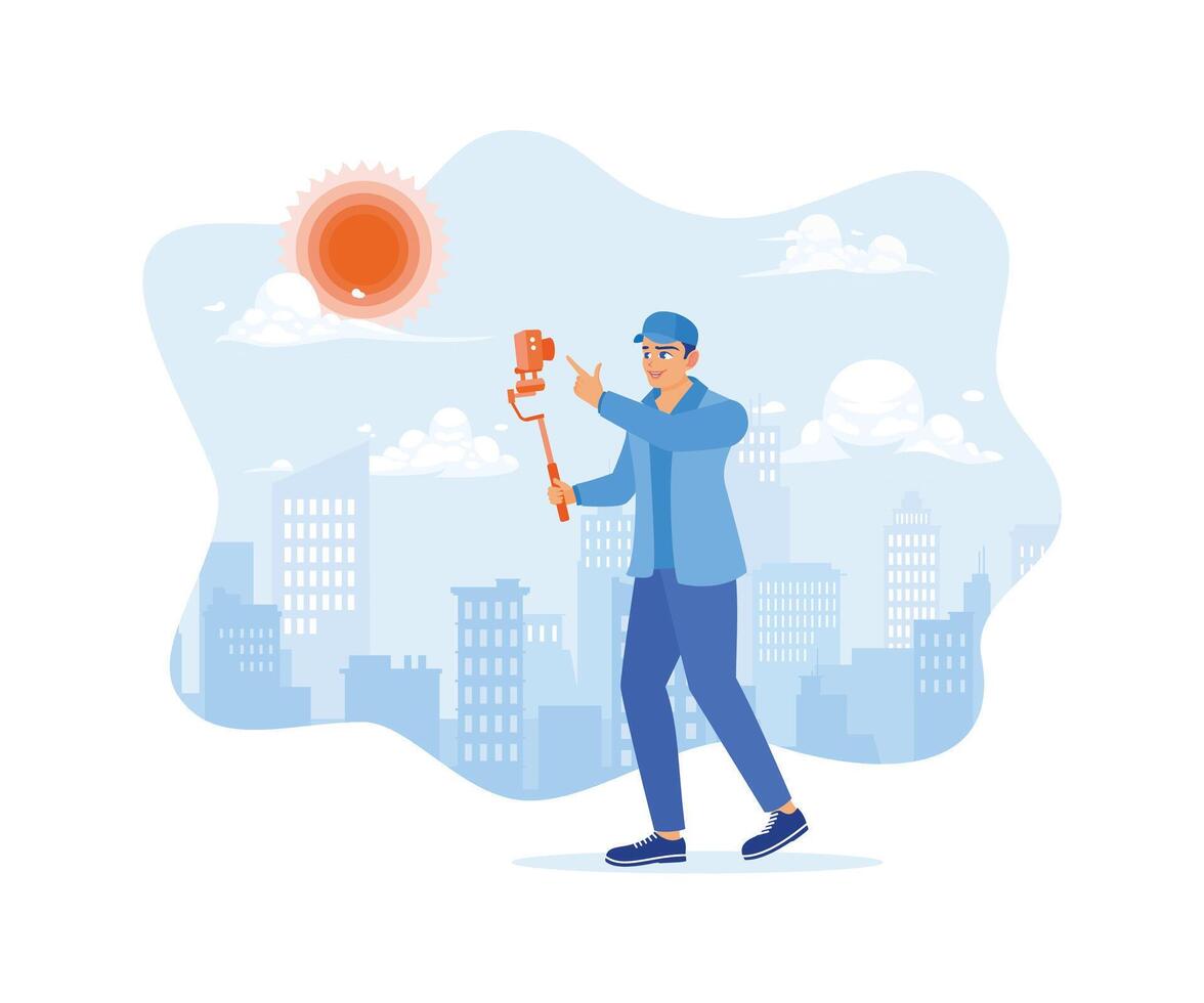 Man in hat creates video content using a modern camera. Urban view during the day as background. Content Creator concept. Flat vector illustration.