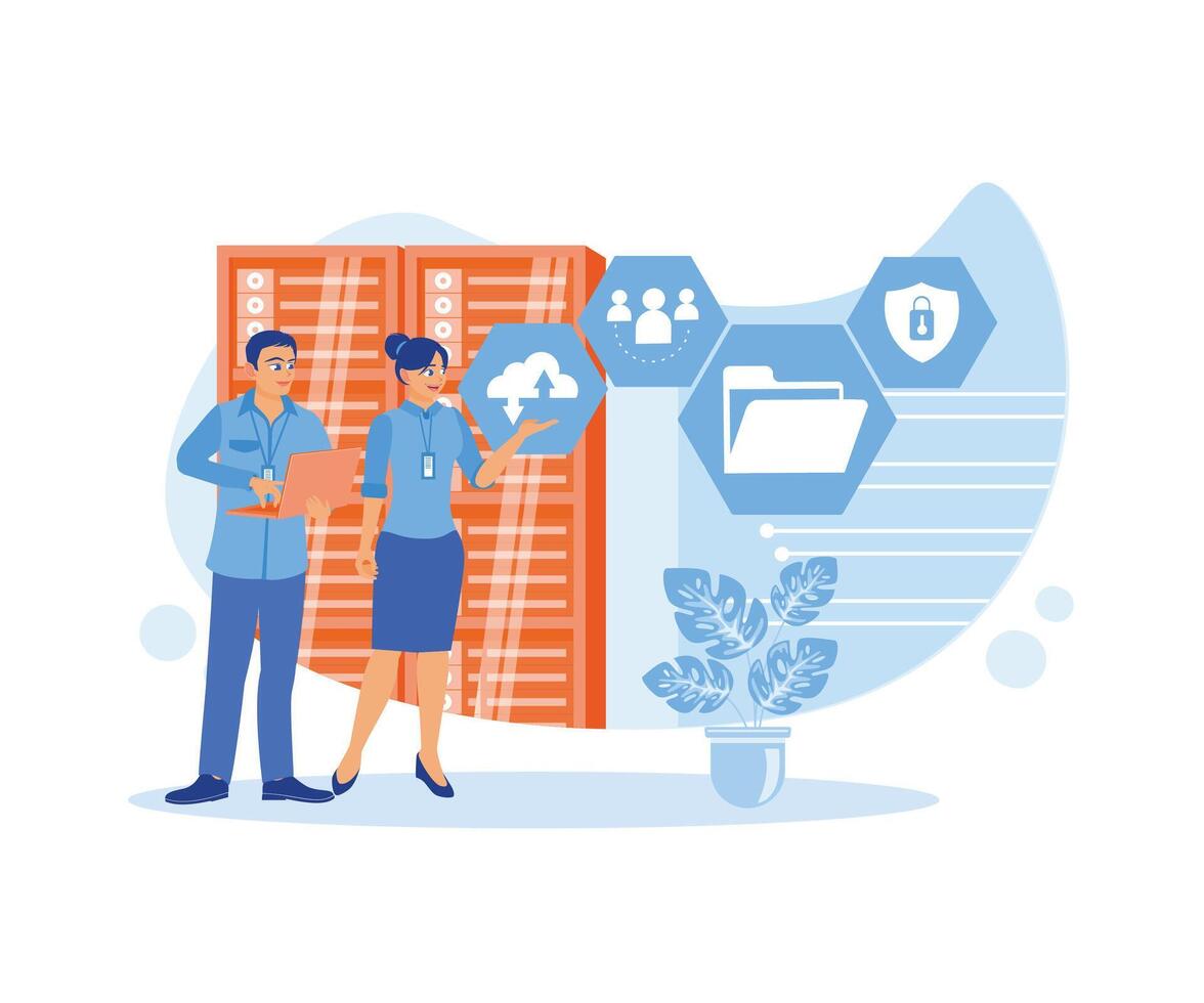 A male IT specialist is using a laptop and discussing it with a female server technician. They are standing in the data centre room. Discuss Information concept. trend flat vector modern illustration