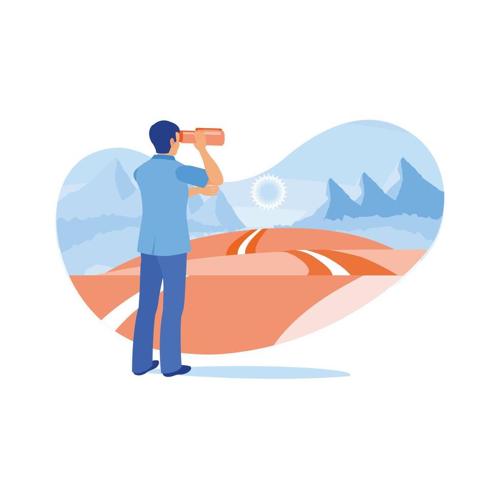 A businessman stands at the beginning of the road, looking into the distance with a telescope. Motivation and business strategy concept. Career Development concept. vector