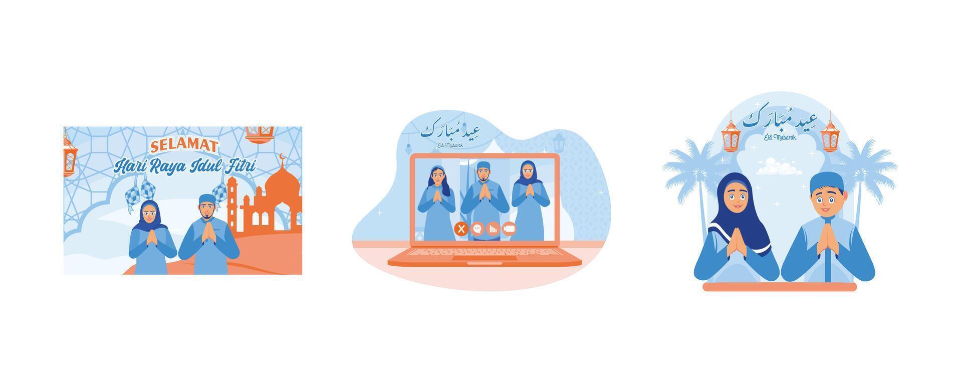 Muslims say and celebrate Eid al Fitr together.  Congratulations on Eid al Fitr via video call.  Wish you a happy Eid al-Fitr. Happy Eid Mubarak concept. Set flat vector illustration