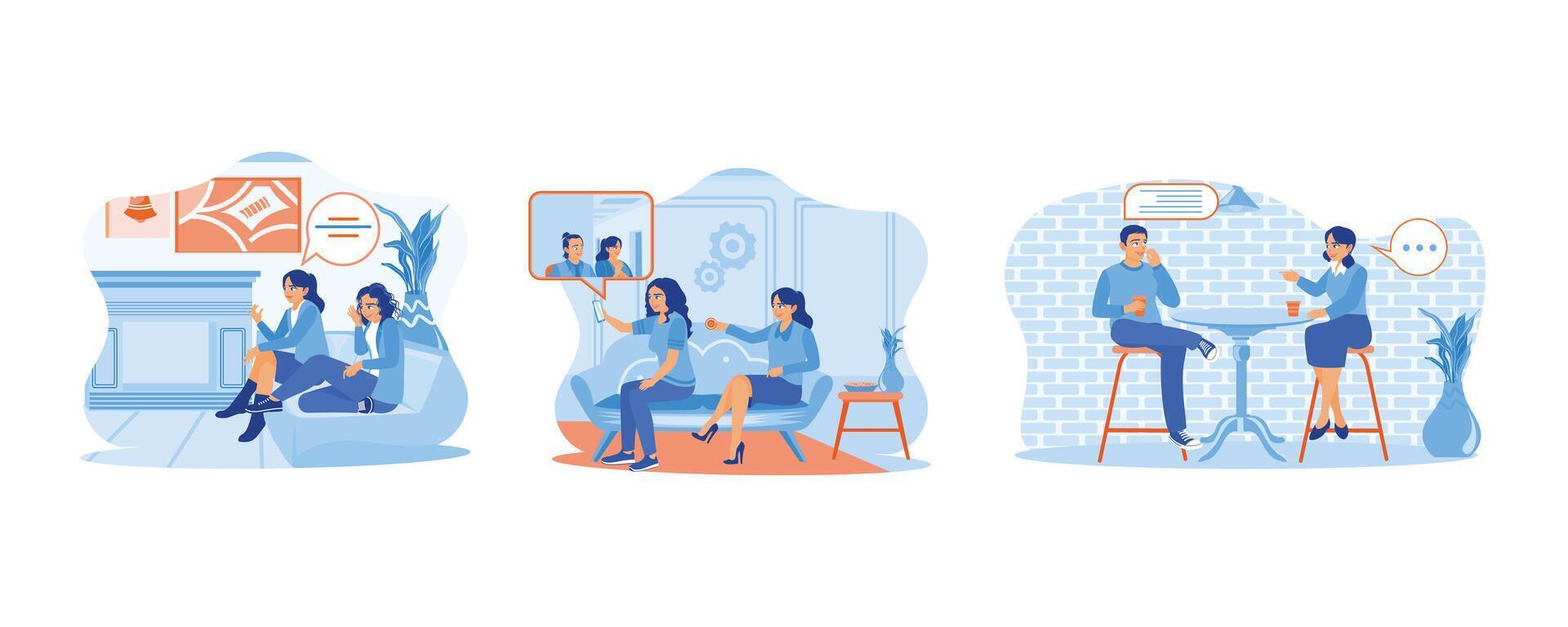 Smiling female friends while sitting on the sofa at home. Talking via video call with their friends. chatting and drinking. Smiling woman friends drinking tea at home. Set Flat vector illustration.