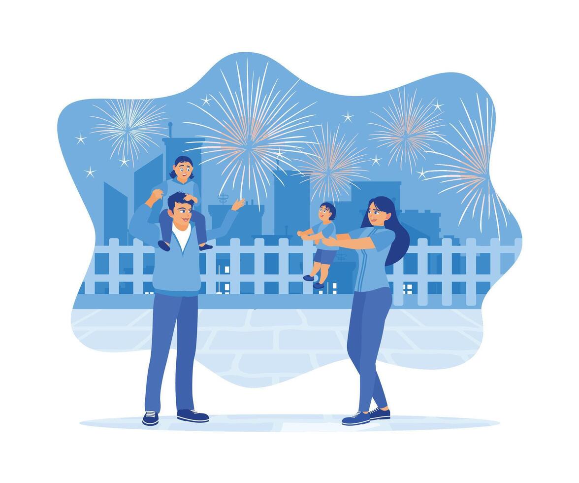 Happy family watching fireworks together at night. Celebrating new year's eve. Celebration concept. Flat vector illustration.