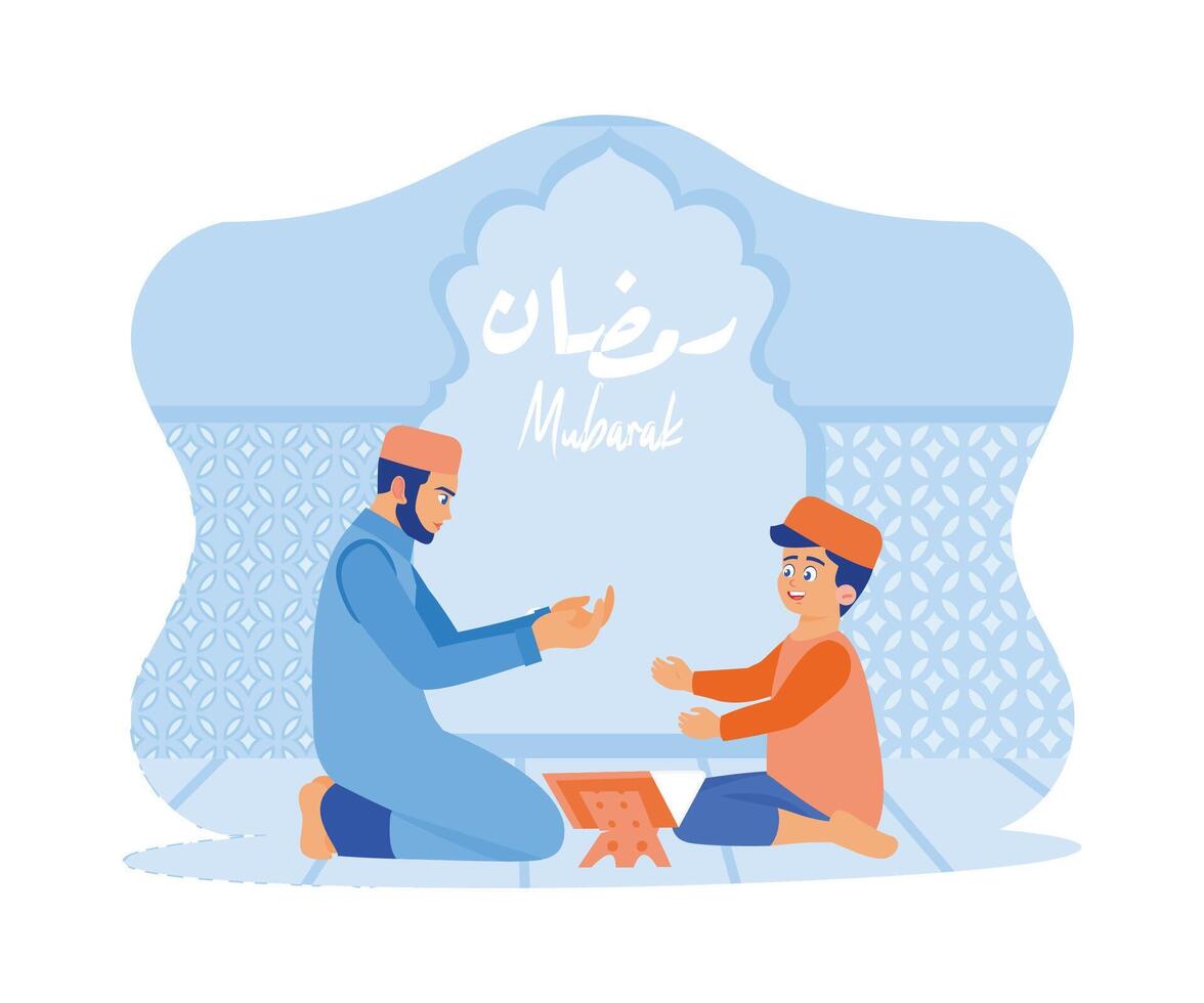 padre y hijo son en el mezquita. leer el Corán y orar juntos. Ramadán kareem y Ramadán Mubarak saludo diseño concepto. plano vector moderno ilustración