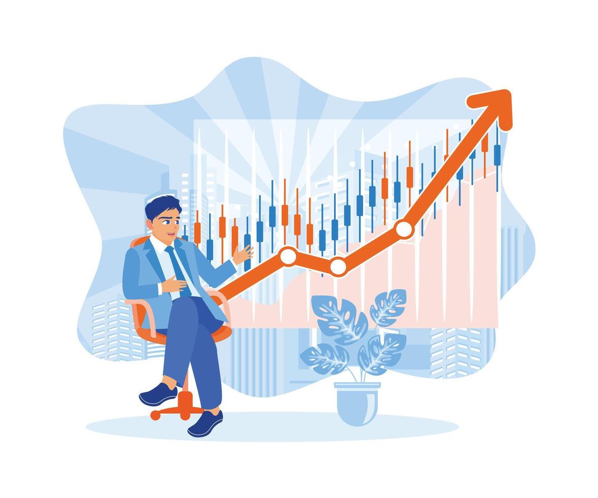 Businessman analyzing stock market growth with rising candlestick chart. Business people make plans and strategies to invest in trading. Stock Trading concept. Flat vector illustration.