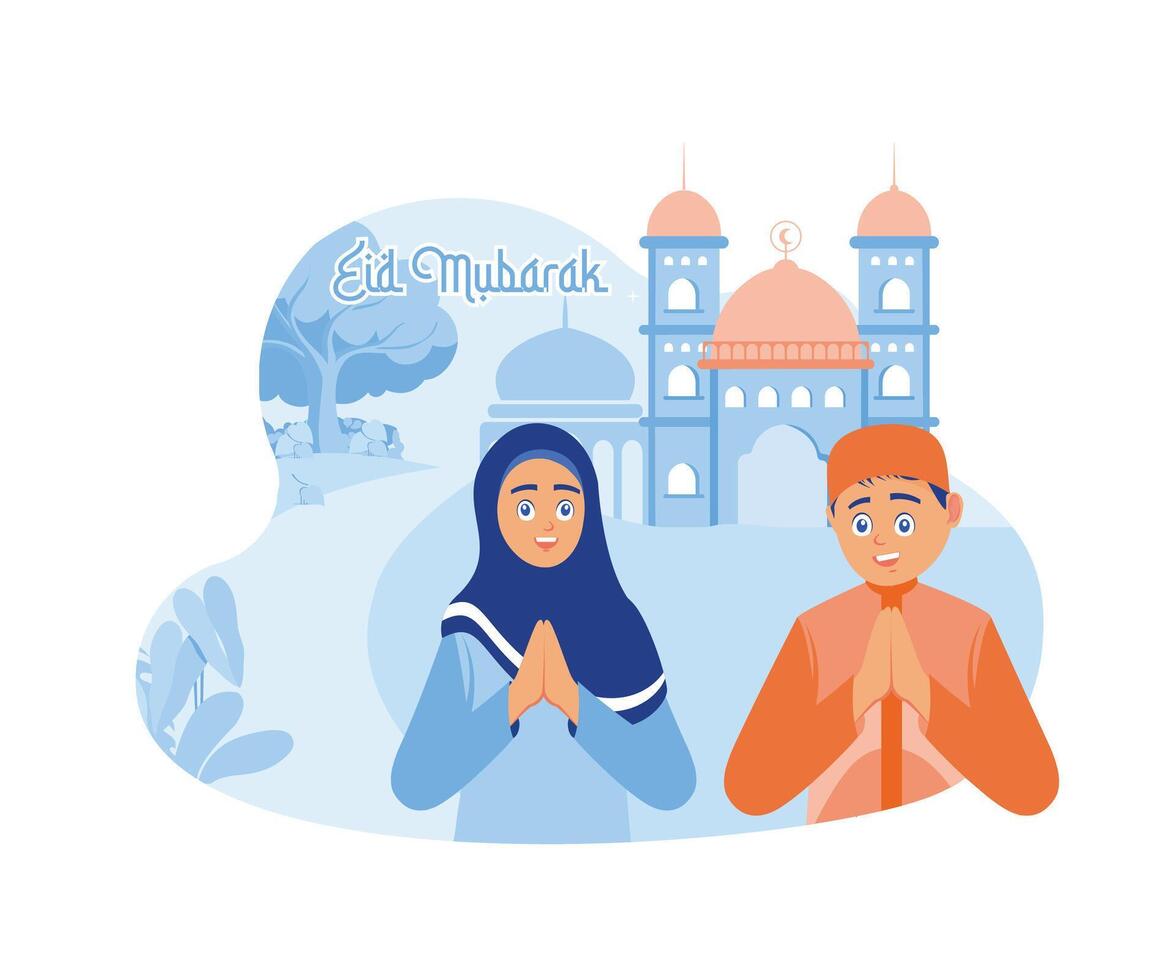 Young men and women forgive each other. Congratulations on Eid al Fitr in front of the mosque. Happy Eid Mubarak concept. flat vector modern illustration