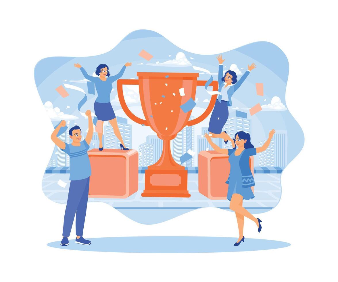 Happy young employees rejoice, holding trophies and dancing with flying confetti. Happy business team, colleagues are rejoicing in the success concept. Flat vector illustration.