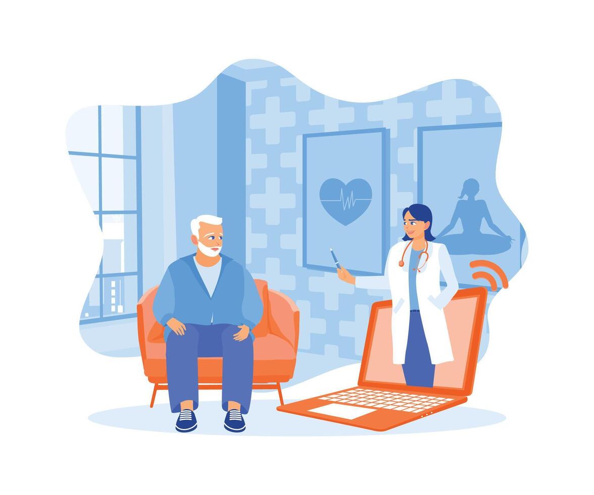 el más viejo hombre comunica con el terapia médico a hogar. consultante acerca de salud vía ordenador portátil. médico hablando a mayor paciente concepto.plano vector ilustración.