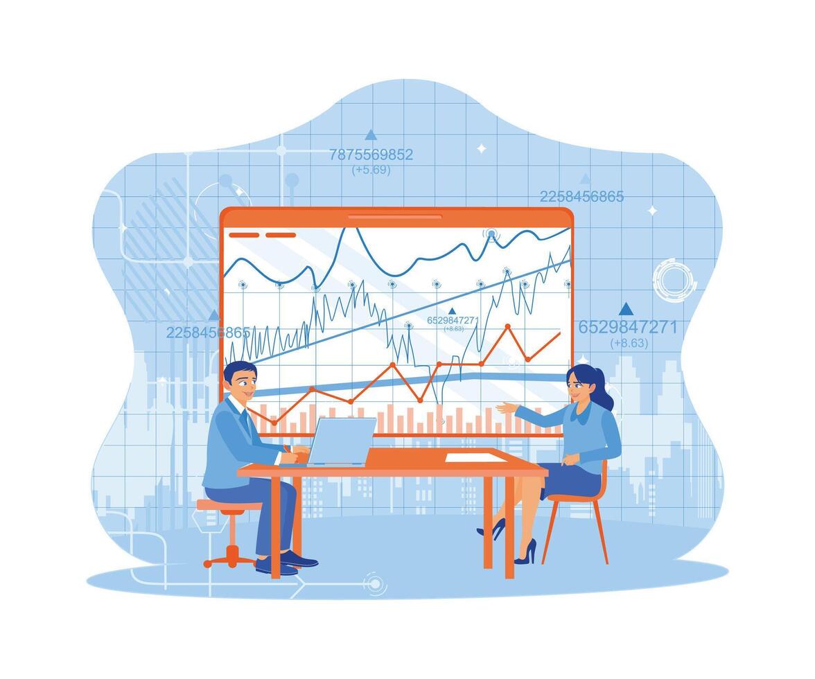 Two colleagues are sitting in a conference room. Using a laptop to analyze company financial charts. Finance and innovation concept. vector