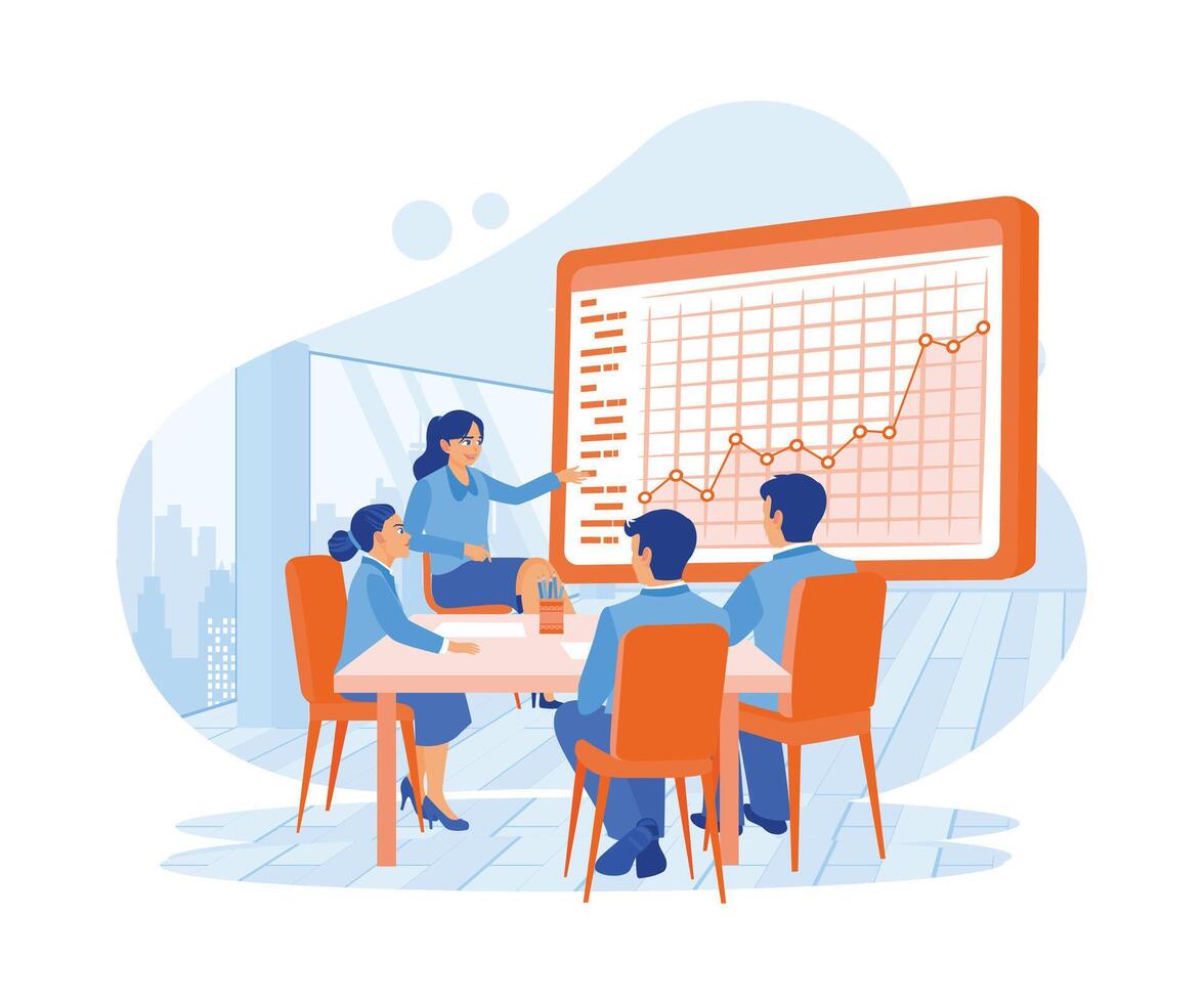 The female chief analyst holds a meeting with a team of economists. The interactive digital whiteboard displays growth graphs, statistics, and sales data. Growth Analysis concept. vector