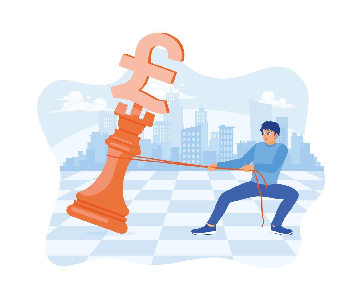 Man draws pound symbol on chess board. Controlling office financial growth. Finance control scenes concept. flat vector modern illustration