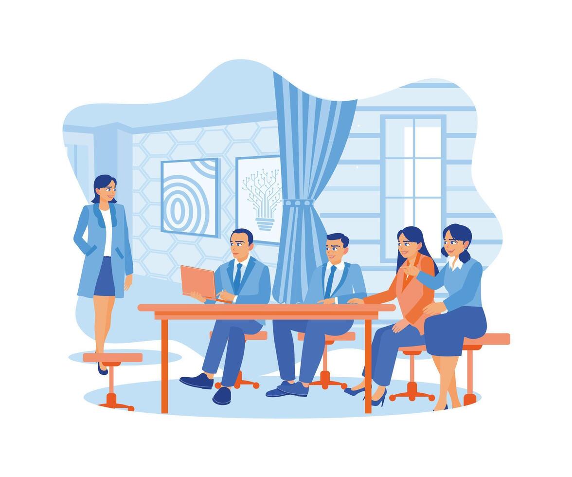 Diverse business people listen to the meeting leader's explanation. Discussing business projects in a modern office. Business people in office workplace concept. Flat vector illustration.