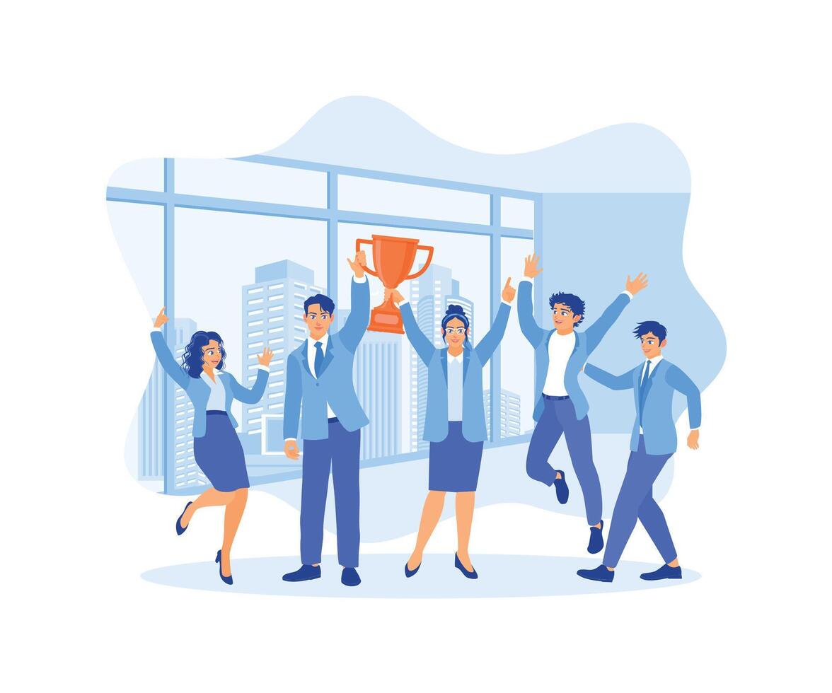 A group of young business people are having fun and holding trophies in the office. Successful teamwork. Happy business team, colleagues are rejoicing in the success concept. Flat vector illustration.