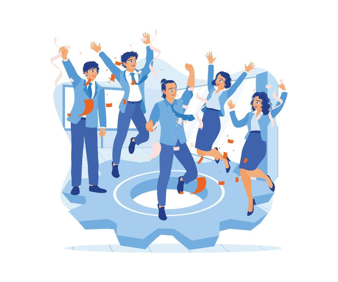 The business team is celebrating mutual success together in the office. Stand raising your hands and throwing confetti. Celebration concept. Flat vector illustration.