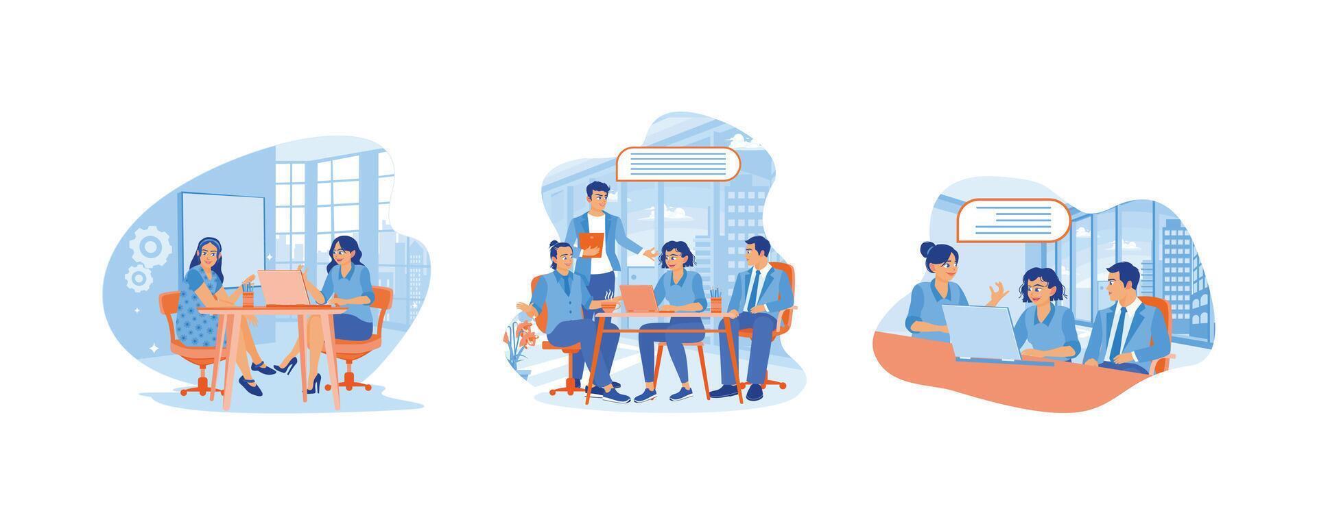 A group of employees are working on laptops. A team of people is sitting at desks with laptops. Set Flat vector illustration.