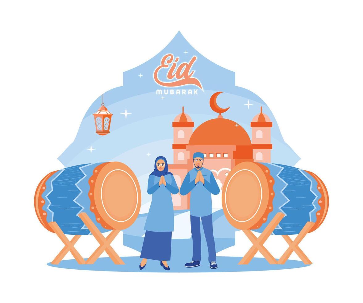 Husband and wife wish you a happy Eid al Fitr. Standing in front of the mosque with drums and lanterns. Happy Eid Mubarak concept. flat vector modern illustration