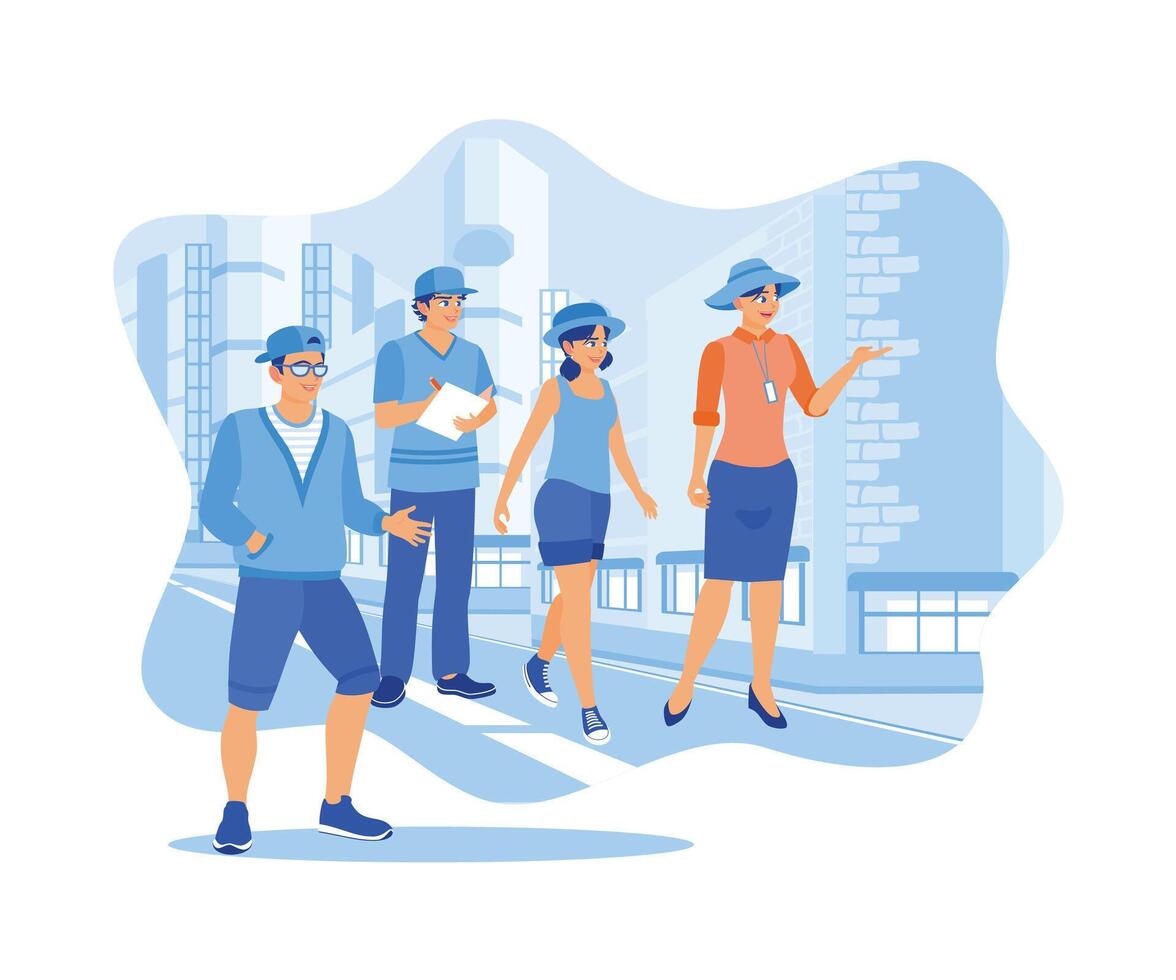 A group of students went on a field trip on an urban tour. They were guided by a tour guide who pointed out local architects. Tourist Guide concept. Trend Modern vector flat illustration