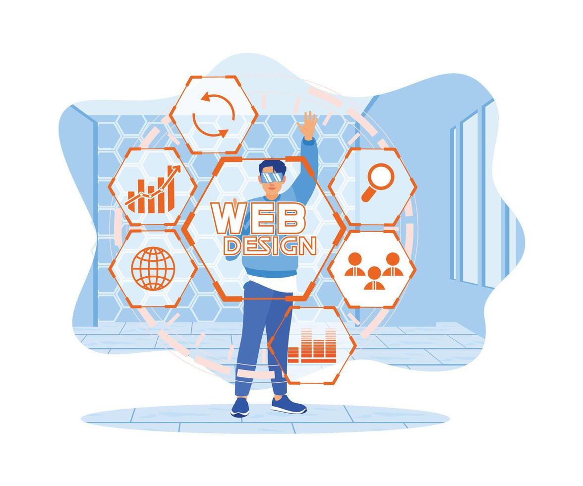 un joven hombre es en pie vistiendo virtual lentes. prensa el web diseño botón con íconos en el pantalla por mano. web diseño concepto. plano vector ilustración.