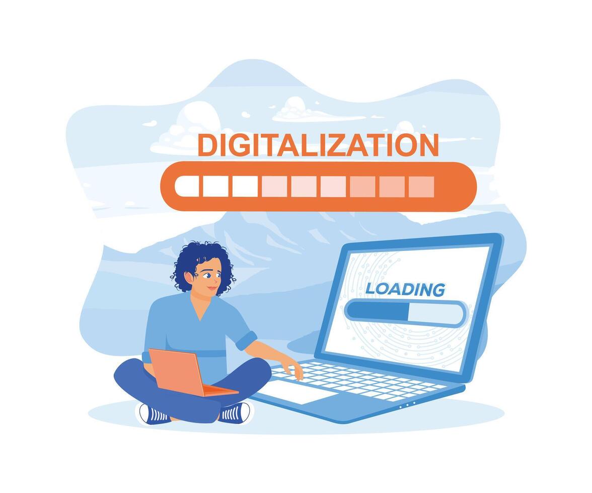 Man using laptop creating digital world concept. Hologram digitalization word and loading bar element icon on the laptop screen. Digital business concept. Flat vector illustration.