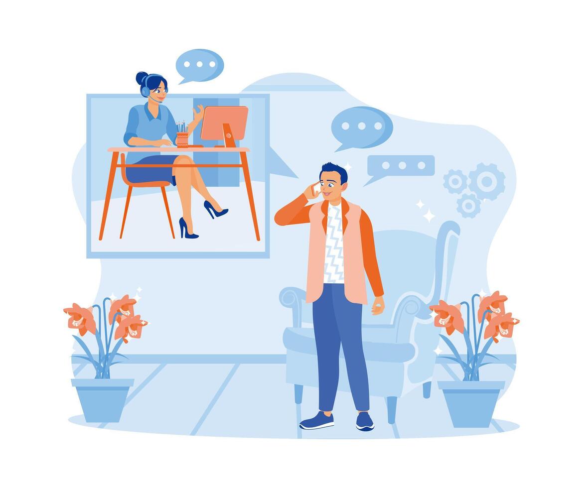 I consulted a woman who worked in the central service office. Woman with phone calling to customer support service concept. flat vector modern illustration