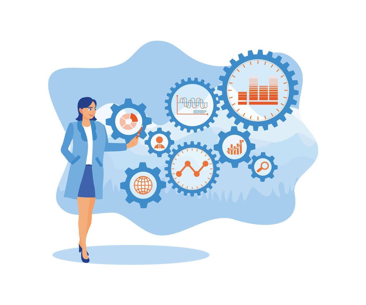 Business data analysis and robotic process automation management. Consultant touches gears connected to KPI financial charts and graphs. Business analysis concept. Flat vector illustration.