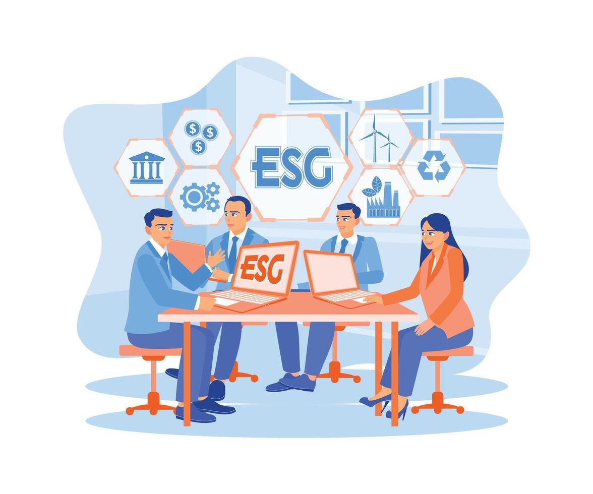 Entrepreneurs gather to discuss ESG environmental social governance policies for modern business. Sustainable economic growth with renewable energy and natural resources concept. vector
