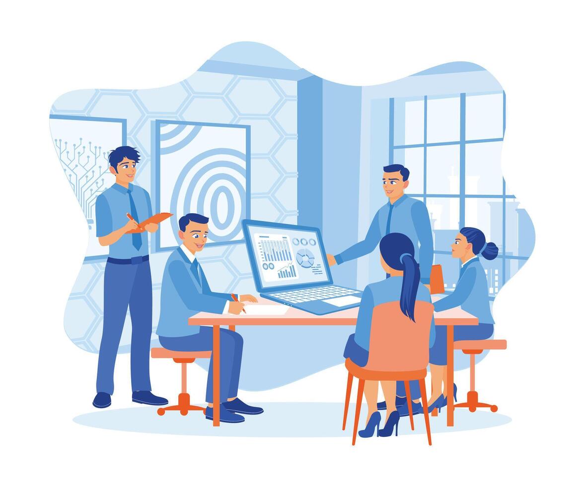 A group of business people are using laptops during meetings. Work together on new business projects. Business people in office workplace concept. Flat vector illustration.