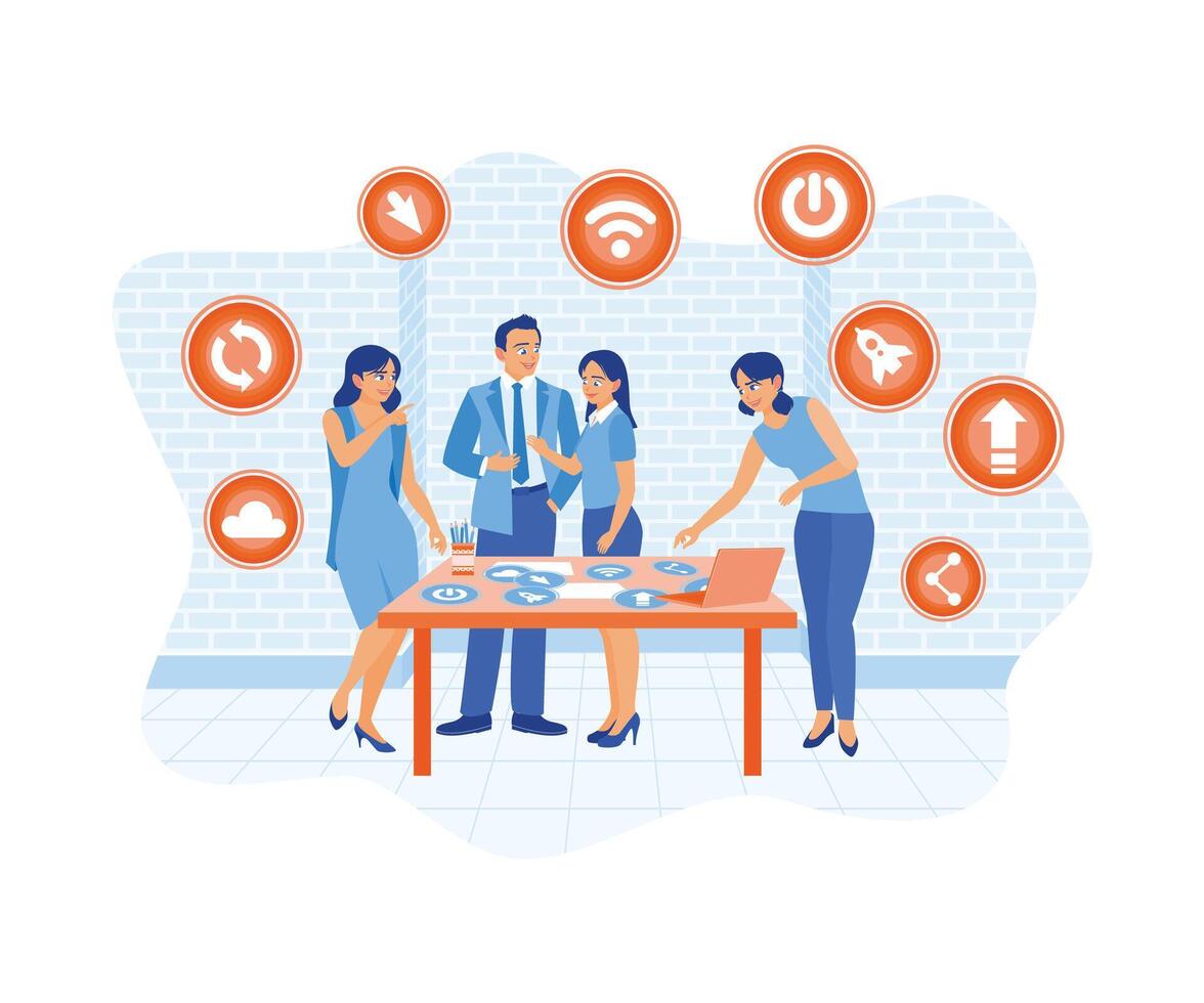 Business team working in modern office. Arranging business icon symbols on the office desk. Digital business concept. Flat vector illustration.