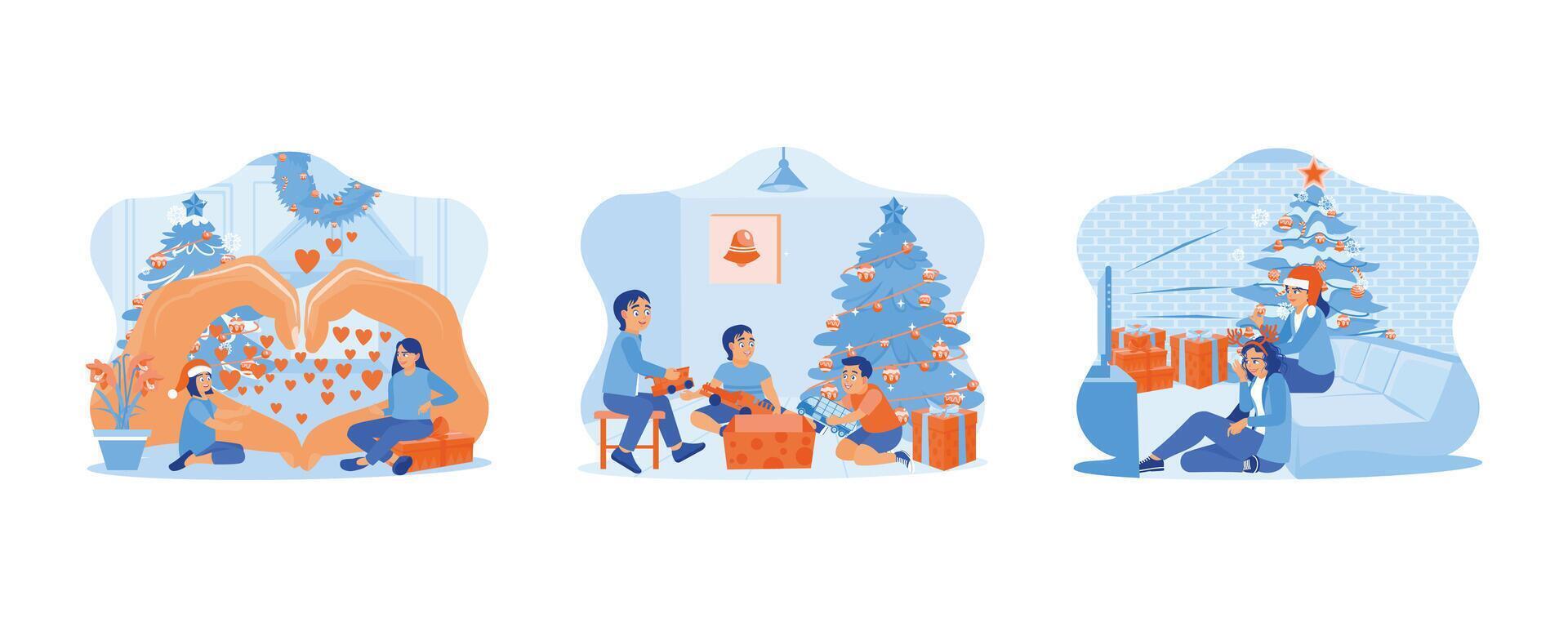 familia compartiendo Navidad víspera. Tres pequeño niños apertura Navidad regalos juntos debajo el Navidad árbol. dos hembra amigos sentado juntos cerca el Navidad árbol. vector