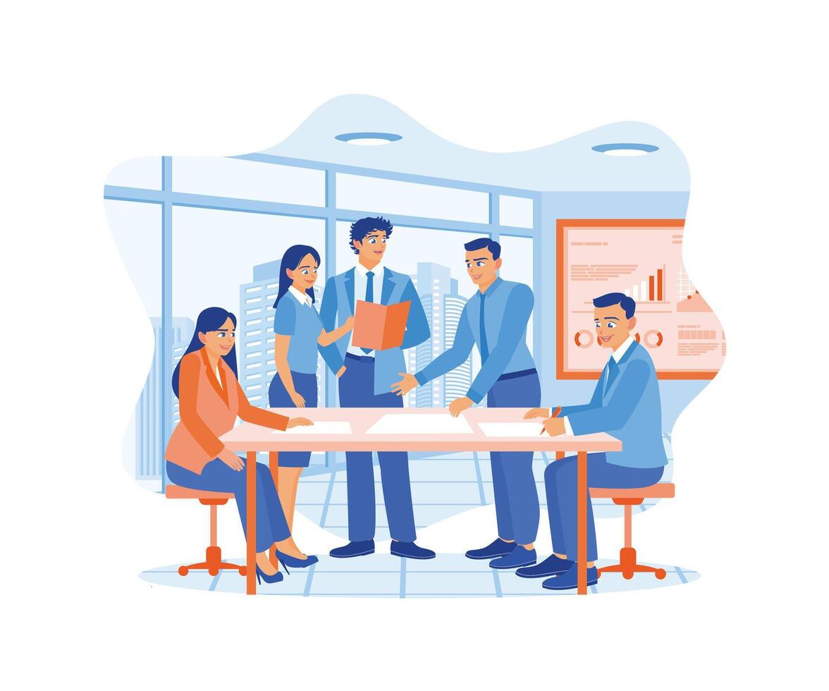 Senior female CEOs and multicultural business people discuss company presentations at the meeting room table. Diverse company team working together in meeting room office. vector