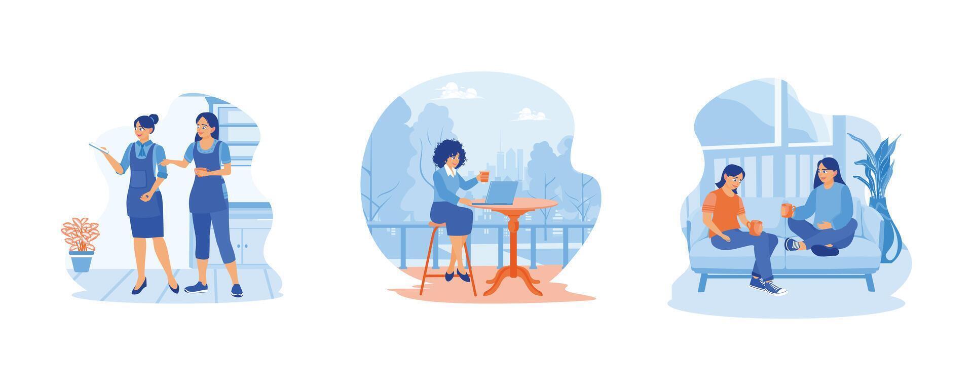 un alegre hembra compañero de trabajo es en pie y sonriente en un casual café tienda. contento joven mujer sentado al aire libre con un ordenador portátil y café. dos mujer relajante en sofá con caliente bebidas en nuevo hogar. vector
