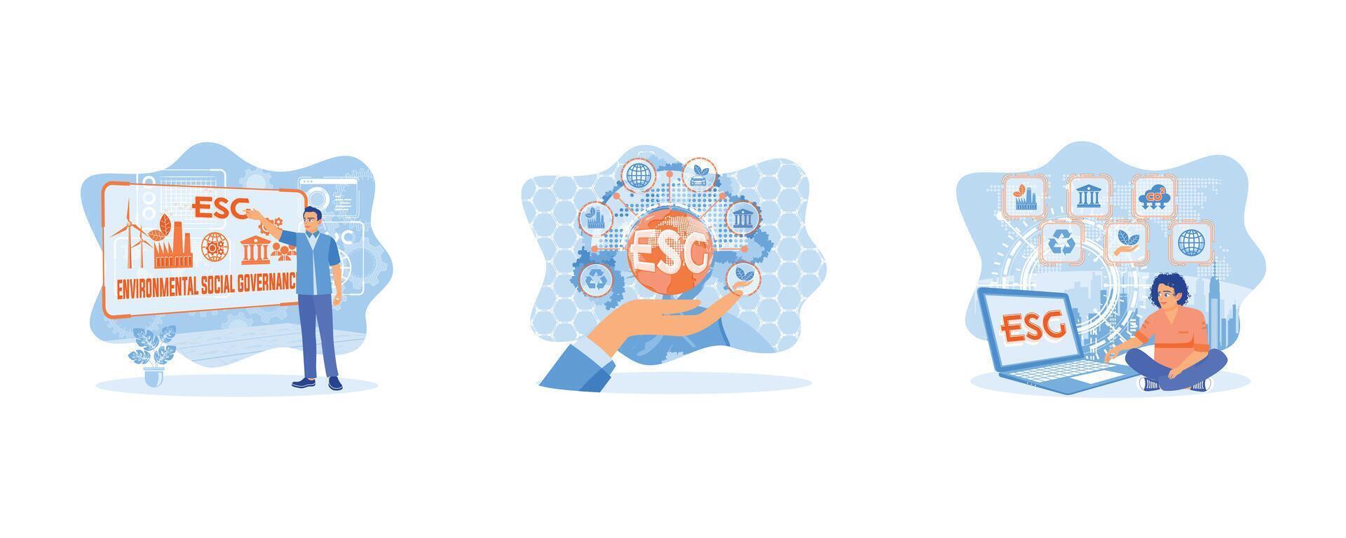 esg concepto como ambiental y social gobernancia con negocio. mundo sostenible ambiente. empresario utilizar un computadora a analizar esg datos. conjunto plano vector moderno ilustración