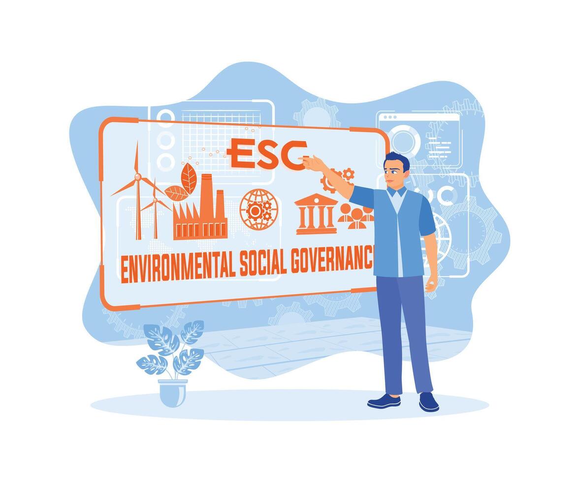 Man shows ESG concept on virtual screen. The relationship between environmental and social governance and business. Sustainable economic growth with renewable energy and natural resources concept. vector
