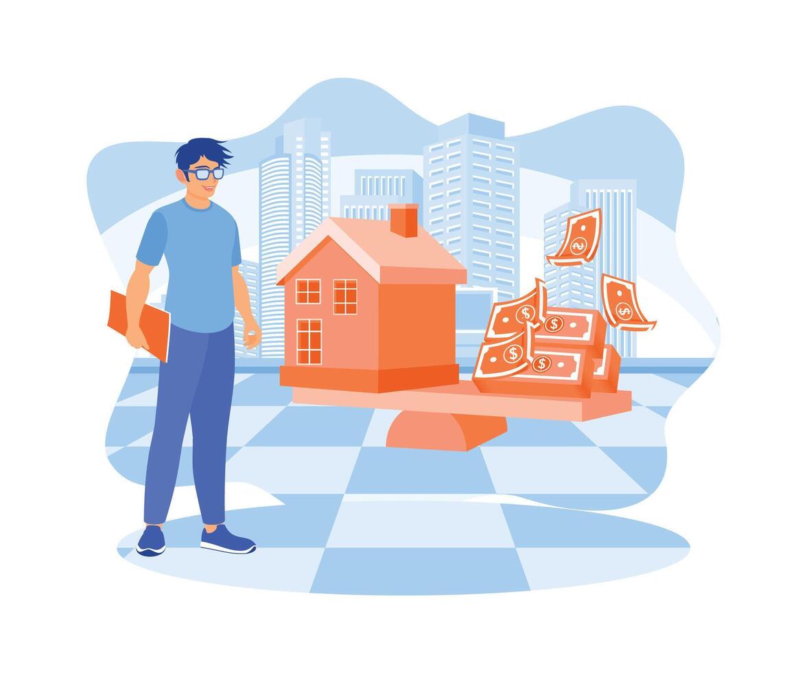 A young man wearing glasses stands carrying documents. Balancing between a house model and a stack of banknotes on a seesaw. House Model Balance Equilibrium Concept. Flat vector modern illustration