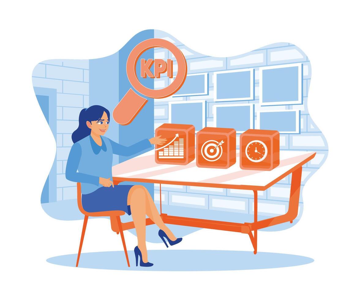 Businesswoman with KPI icon on a wooden block. Business target achievement concept. Smart KPI concept. flat vector modern illustration
