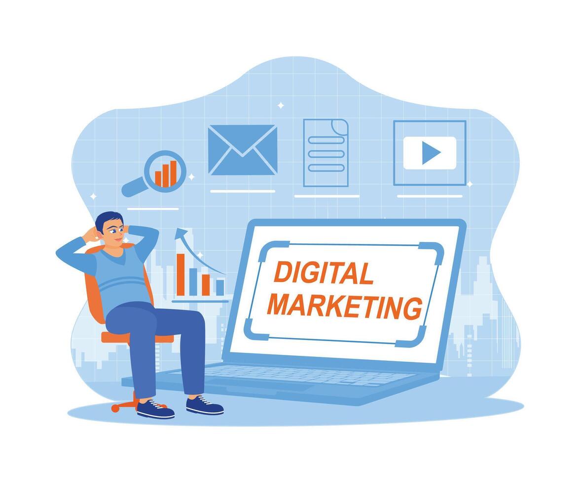 Man sitting in front of laptop. Make a plan to improve business marketing with advertising on social media. Digital Marketing Content Concept. trend flat vector modern illustration