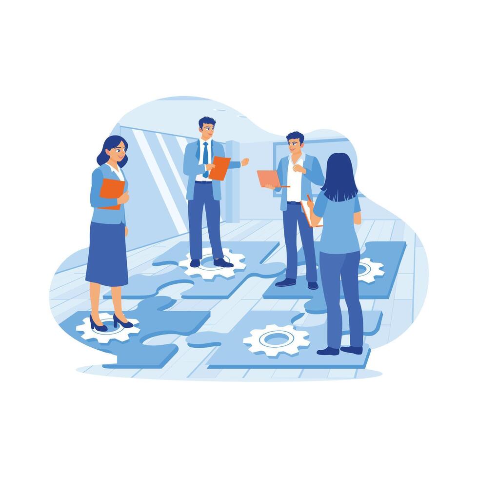 Boss and coworkers have a meeting in the office. Work together, discuss and create new business projects. Employee Making concept. vector