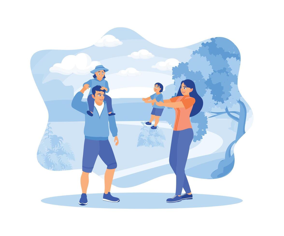 Happy little family spending the weekend together walking and playing in the park. A couple of happy, funny parent concepts. Flat vector illustration.