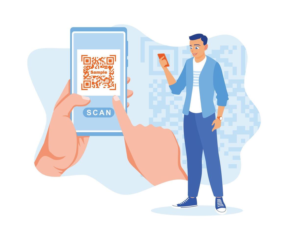 Men use mobile phones for online payments. They are using a QR code scanner application on the cellphone screen. Digital business concept.Flat vector illustration.