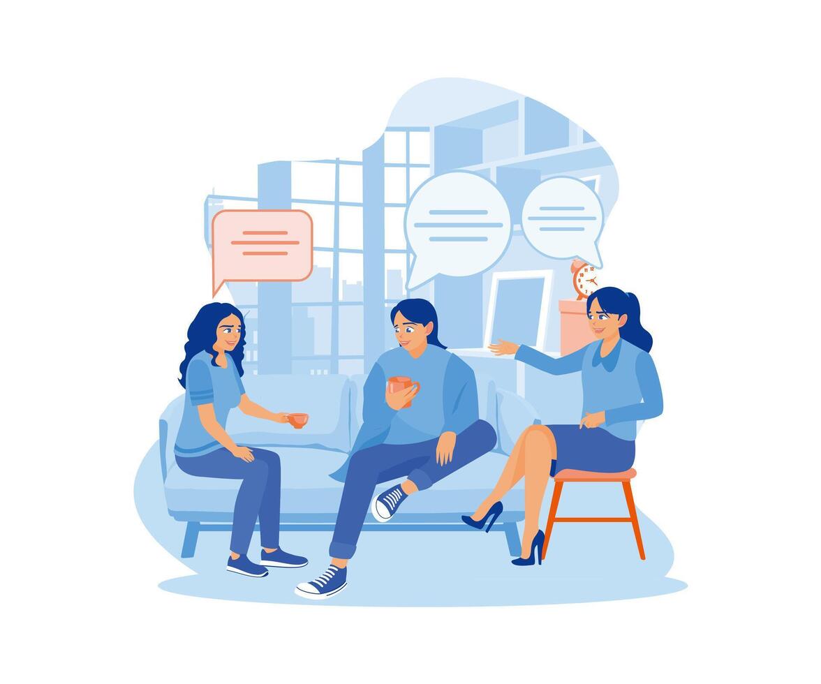 Three happy friends talking and drinking coffee and tea while sitting on the sofa at home. Smiling woman friends drinking tea at home. flat vector modern illustration