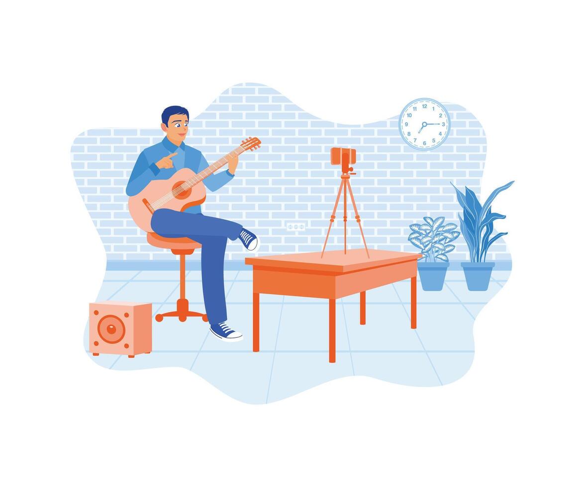 Young man playing guitar. Create content for musicians playing guitar. Content Creator concept. Flat vector illustration.