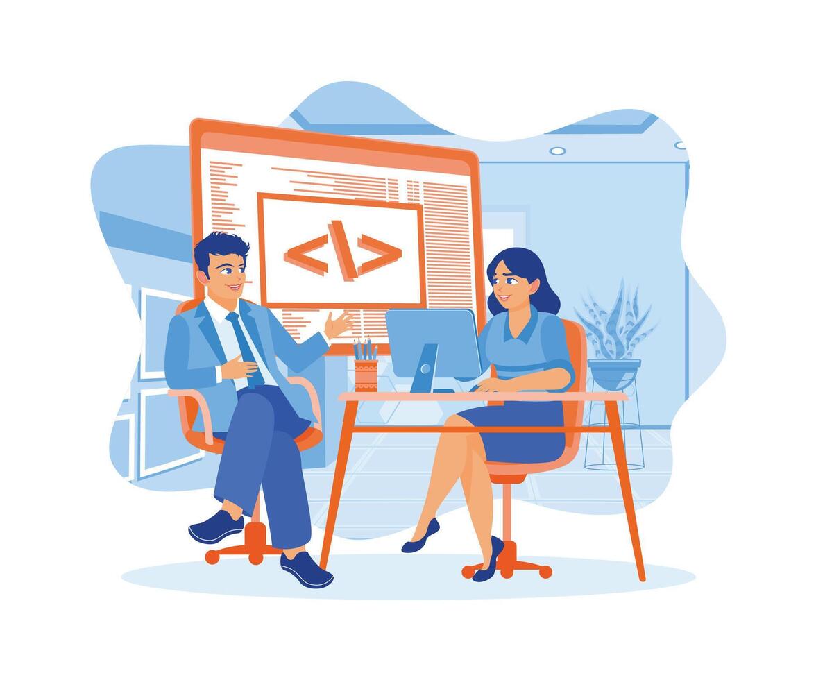 Two young designers work at a software development company. Developing programming and coding technology on computers. Software developers concept. Flat vector illustration.