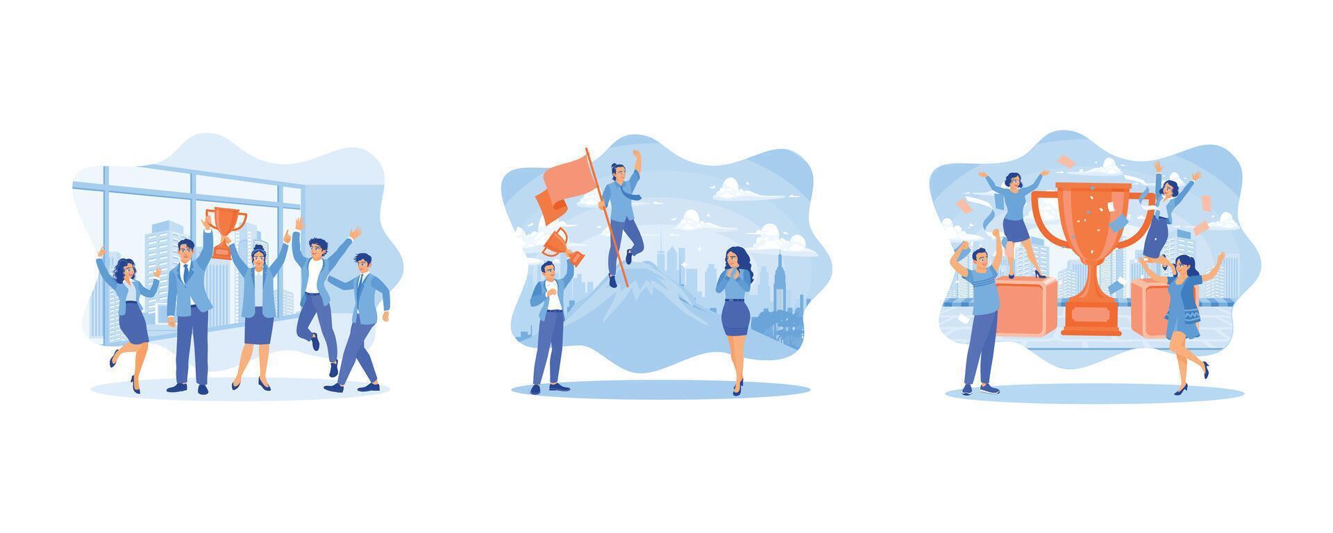 Happy positive men and women celebrating victory and rejoicing together. Male Manager with Flag on Hill Top.Joyful Colleagues Celebrating. set flat vector modern illustration