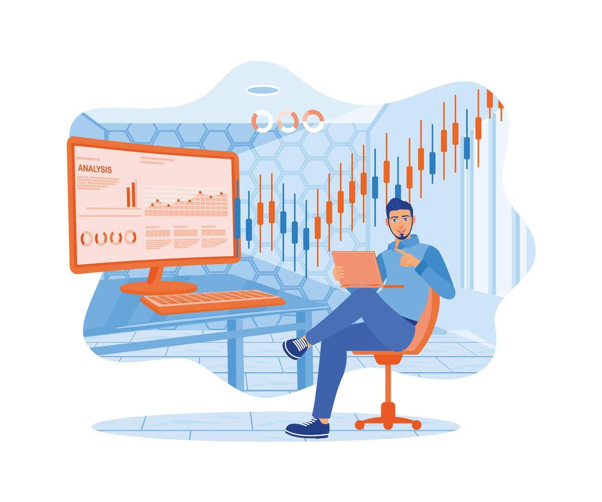 Online trading. The man sits with a laptop and computer, analyzing stock market trades with data and candlestick charts. Stock Trading concept. Flat vector illustration.