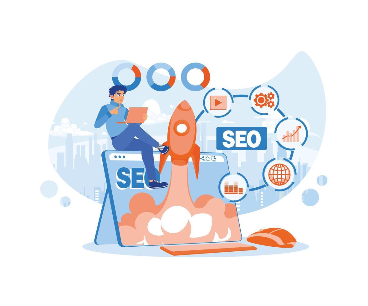 hombre utilizando un ordenador portátil con seo cohete holograma y seo íconos en el ordenador portátil pantalla. Inauguración y digital marketing. seo concepto. plano vector ilustración.